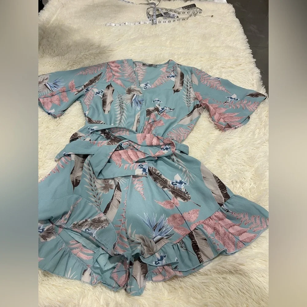 Blue Blush Tropical Print Wrap Dress